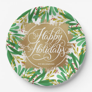 Assiettes En Carton Berries Green Gold Faux Foil Joyeux vacances