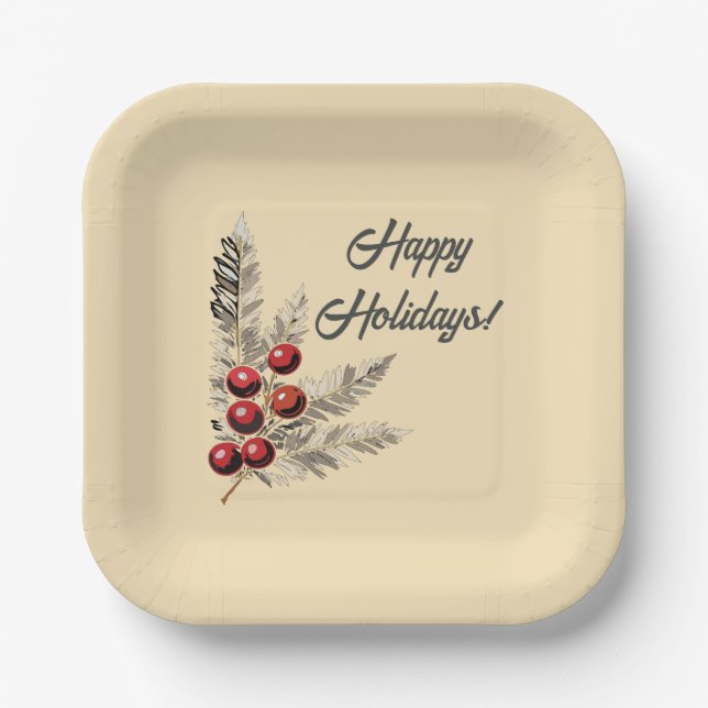 Assiettes En Carton Berries Retro Holly et plaque en papier À feuillag (Recto)