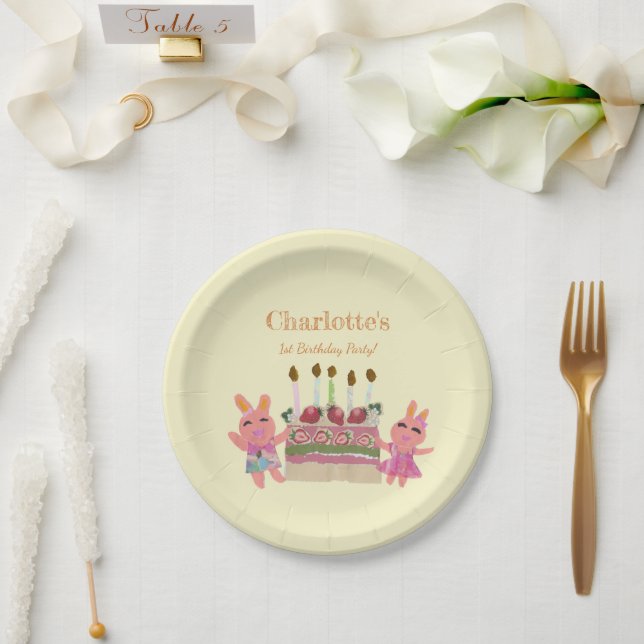 Assiettes En Carton Bérry doux lapin rose Anniversaire Jaune (Mariage)