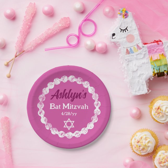 Assiettes En Carton Berry Pink, White Bat Mitzvah Parti personnalisé (Fête)