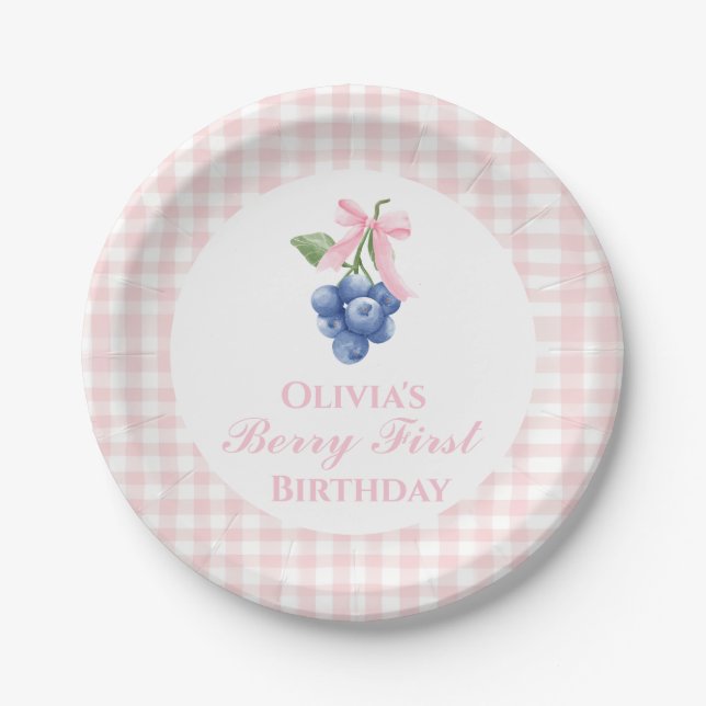 Assiettes En Carton Berry premier anniversaire bleu Bow rose Coquette (Devant)