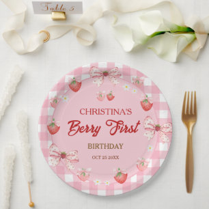 Assiettes En Carton Berry premier anniversaire fraise rose gingham