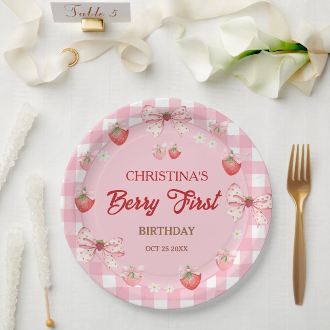 Assiettes En Carton Berry premier anniversaire fraise rose gingham (Mariage)