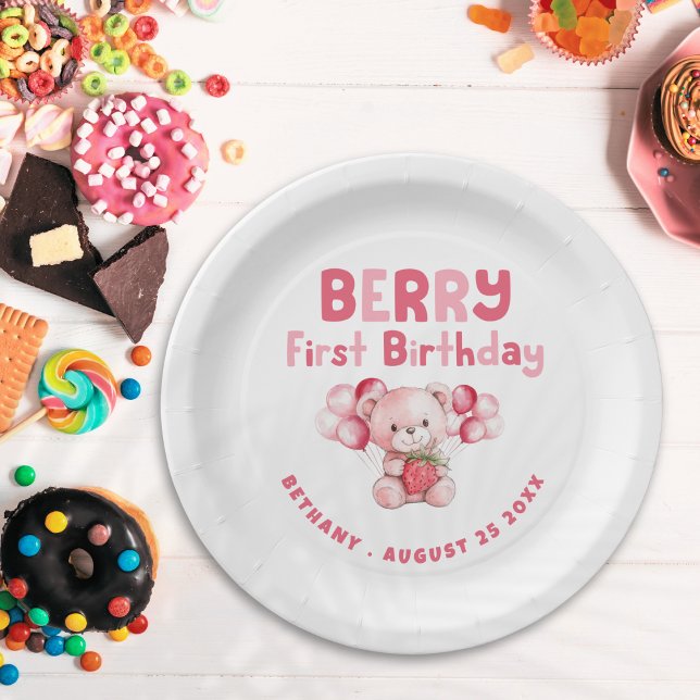 Assiettes En Carton Berry Premier anniversaire Teddy Bear Fraise rose (Créateur téléchargé)