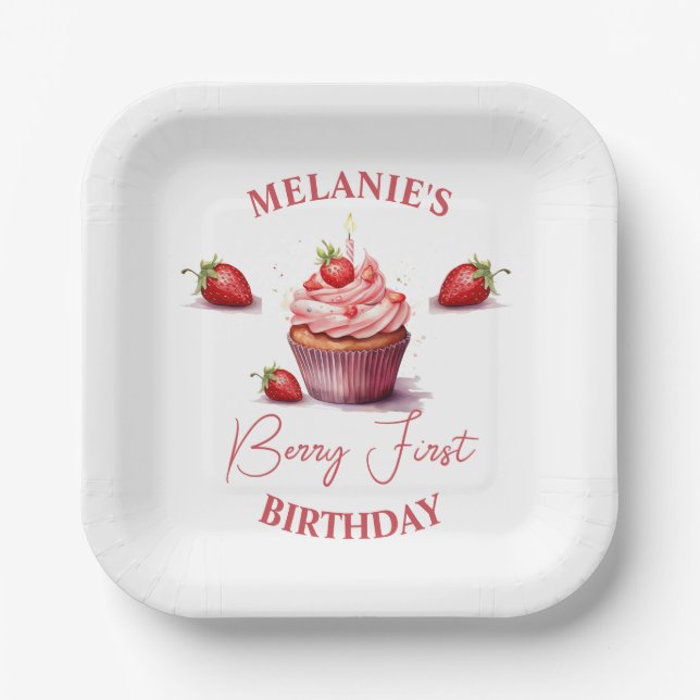Assiettes En Carton Berry rose personnalisé Première fête d'anniversai (Recto)