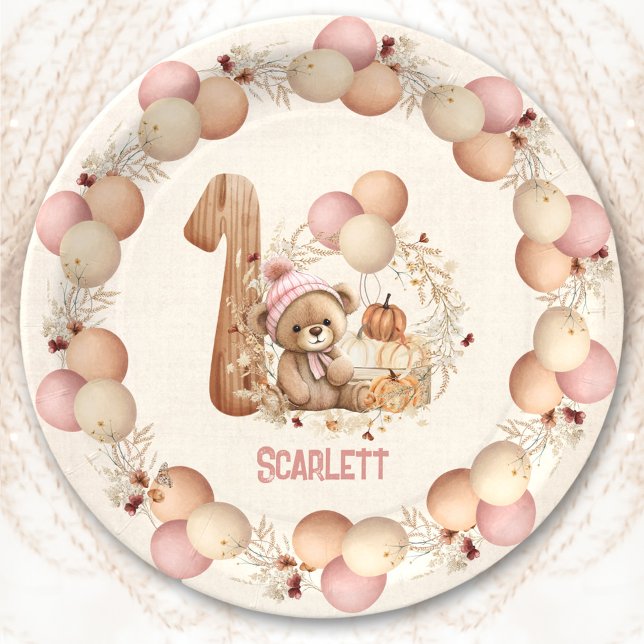 Assiettes En Carton Beurre d'automne de l'ours 1er Anniversaire Plaque (Bear Fall Beary 1st Birthday Girl Paper Plates)