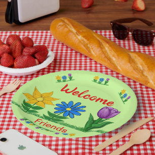 Assiettes En Carton Bienvenue Amis Fleurs Jardin Vert clair