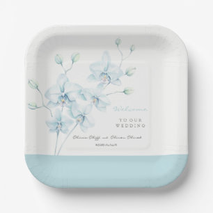 Assiettes En Carton Bienvenue au Mariage d'orchidée bleu doux