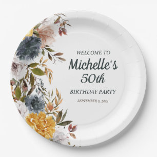 Assiettes En Carton Bienvenue pour les 50 ans Fleurs Jaune Bleu Marine