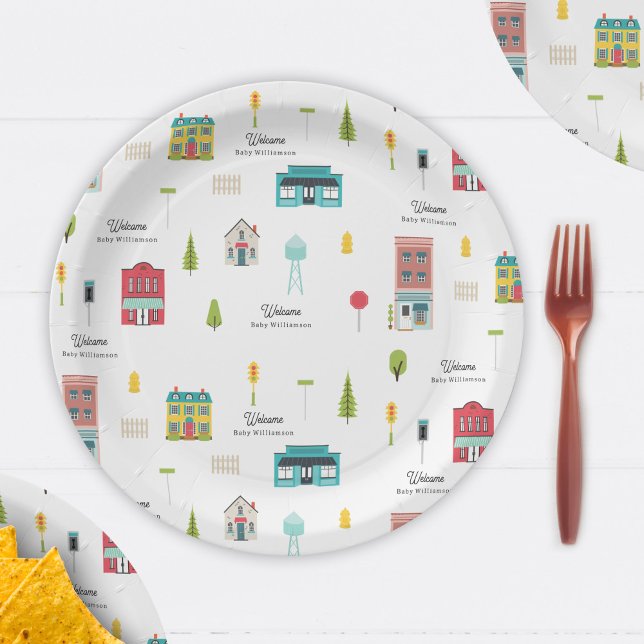 Assiettes En Carton Bienvenue sur le Baby shower Motif de quartier (Créateur téléchargé)