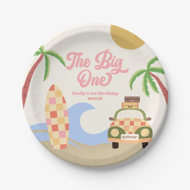 Assiettes En Carton Big One Beach Surf rose 1er anniversaire (Devant)