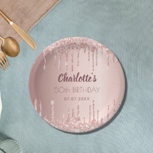 Assiettes En Carton Birthday party rose gold blush glitter drips name