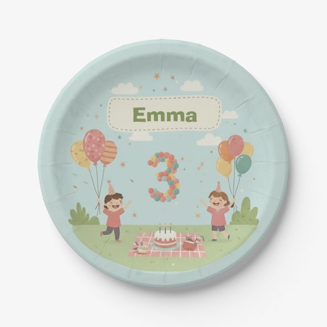 Assiettes En Carton Birthday Picnic, Cute Retro Style, Age 3 (Devant)