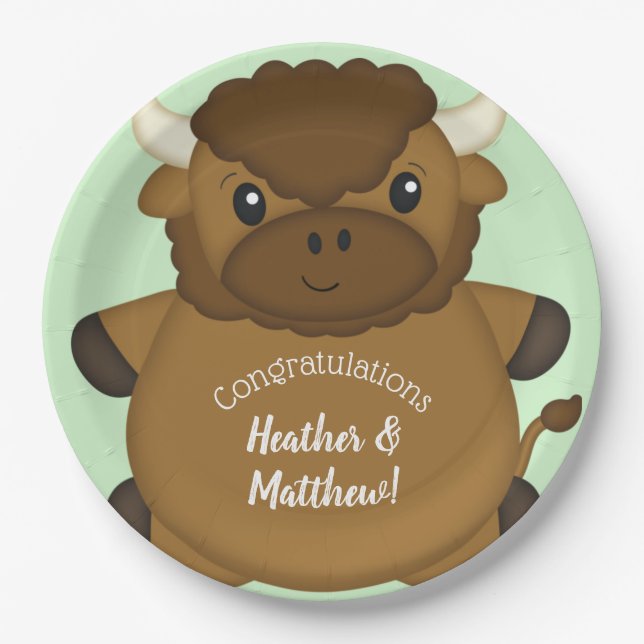 Assiettes En Carton Bison Buffalo Baby shower vert (Devant)