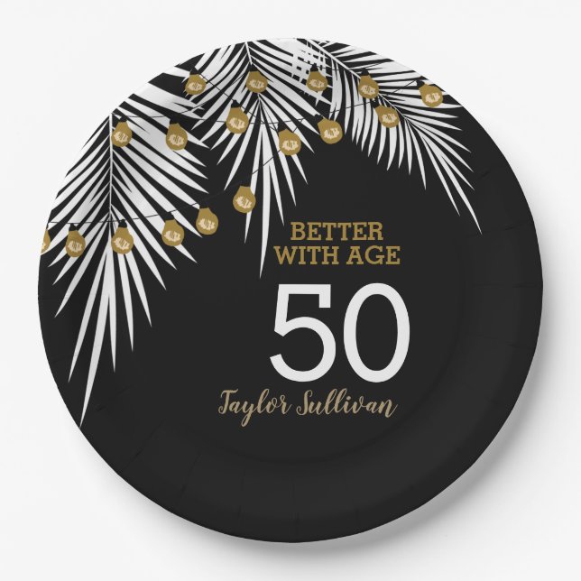 Assiettes En Carton Black and Gold 50th Birthday Party (Devant)