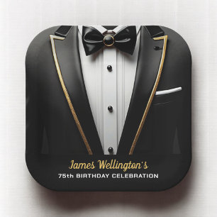 Assiettes En Carton Black and Gold Tuxedo Birthday Event