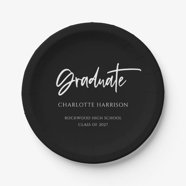 Assiettes En Carton Black and White Modern Script Graduation Party (Devant)