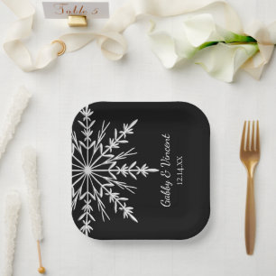 Assiettes En Carton Black and White Snowflakes Winter Wedding