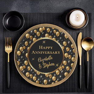 Assiettes En Carton Black   Ballons d'or Bonne Anniversaire