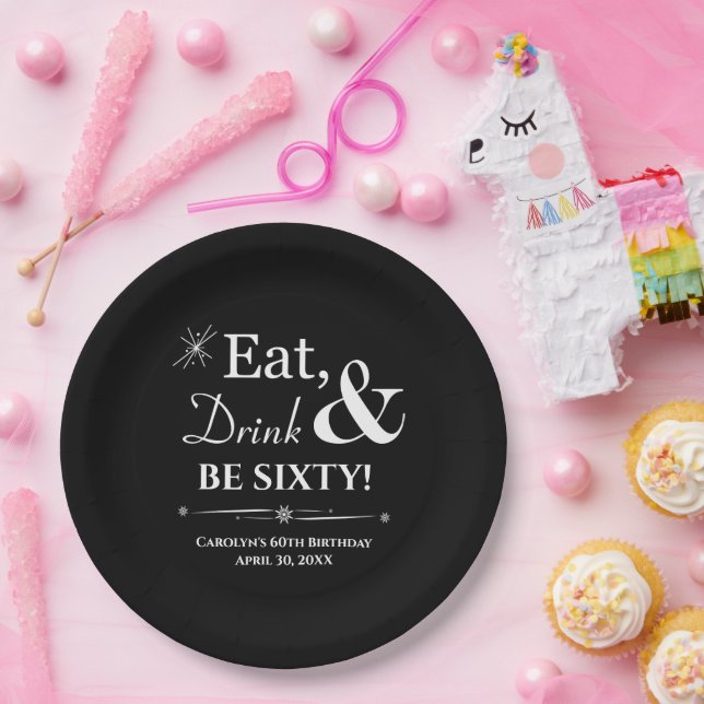 Assiettes En Carton Black Eat Drink & Be Sixty Retro 60e Anniversaire (Fête)