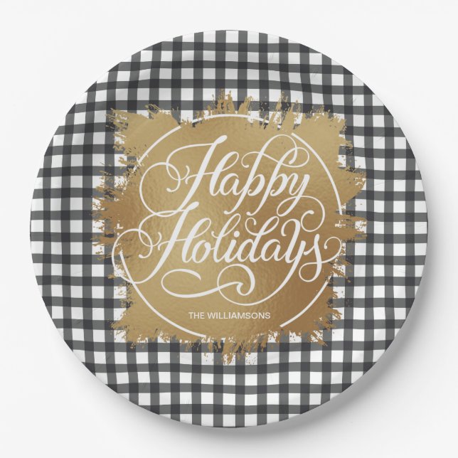 Assiettes En Carton Black En vichy Check Gold Faux Foil Holiday (Devant)