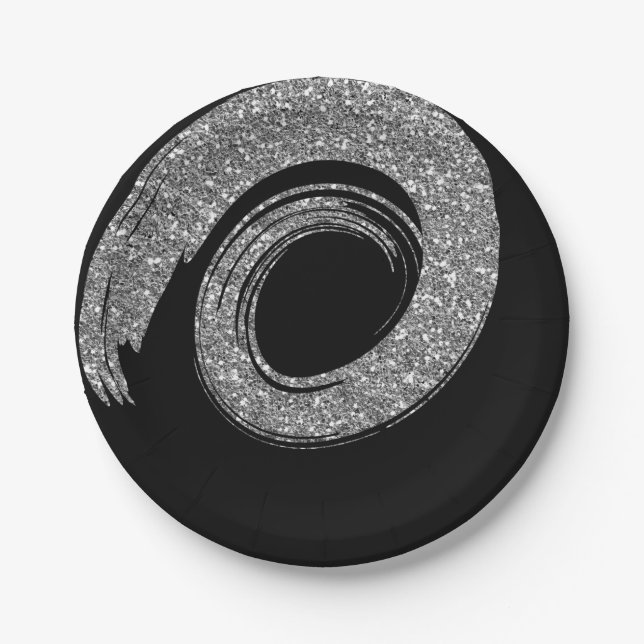 Assiettes En Carton Black Glam VIP argent Parties scintillant spirale  (Devant)