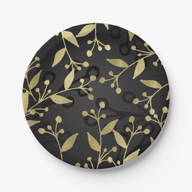 Assiettes En Carton Black Gold Botanical Moderne Rustique Branches Par (Devant)