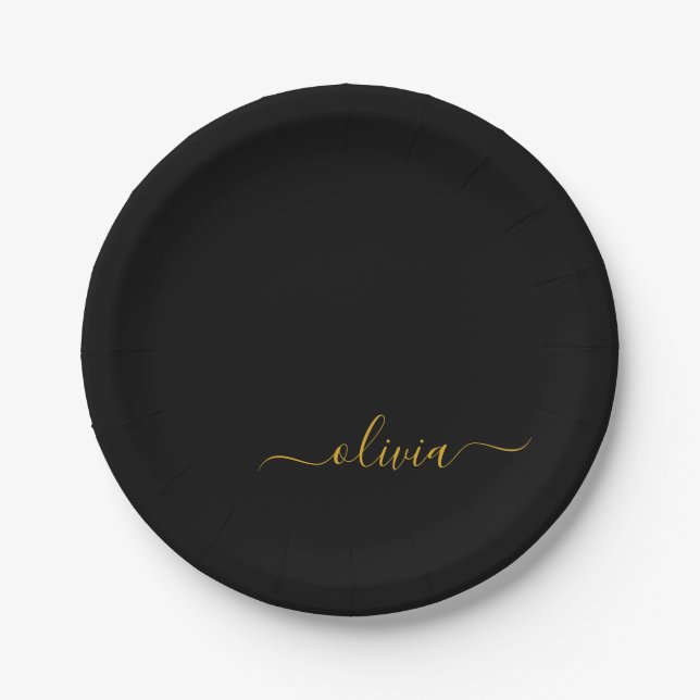 Assiettes En Carton Black Gold Girl Script Monogramme Nom Moderne (Devant)