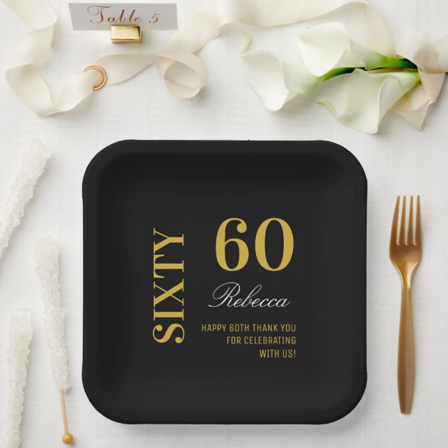 Assiettes En Carton Black Gold moderne 60th Birthday Cocktail Party (Mariage)