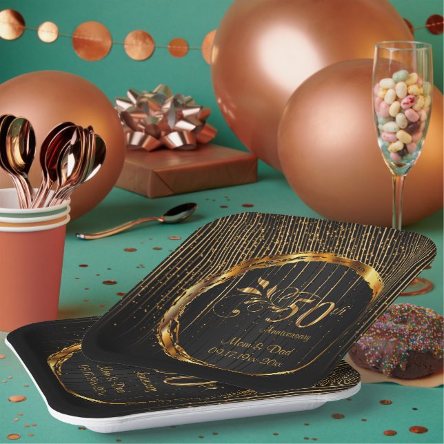 Assiettes En Carton Black & Gold Sparkle 50e anniversaire du Mariage (Multi)