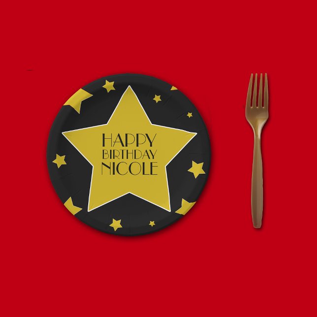 Assiettes En Carton Black Gold Stars Hollywood Nom de l'anniversaire (Créateur téléchargé)