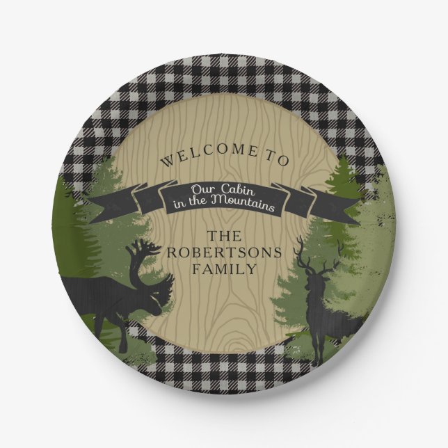 Assiettes En Carton Black Grey Plaid Cabine Rustique Chasse Deer Antle (Devant)