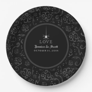 Assiettes En Carton Black Grey & White Halloween Spider LOVE Mariage