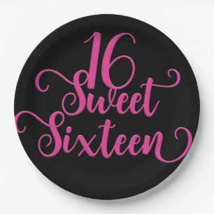 Assiettes En Carton Black & Hot Rose Sweet 16 Anniversaire fête