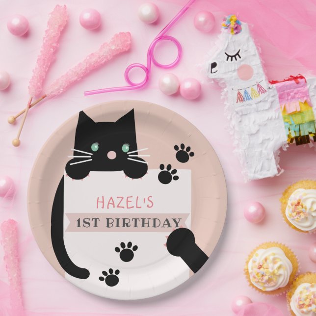 Assiettes En Carton Black Kitty Chat Girl rose Anniversaire (Fête)