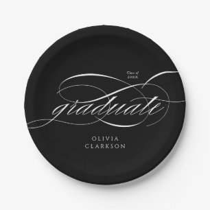 Assiettes En Carton Black Modern Elegant Script Photo Graduation Party