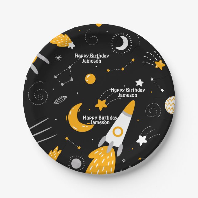 Assiettes En Carton Black Night Sky Externe Rocket Anniversaire (Devant)