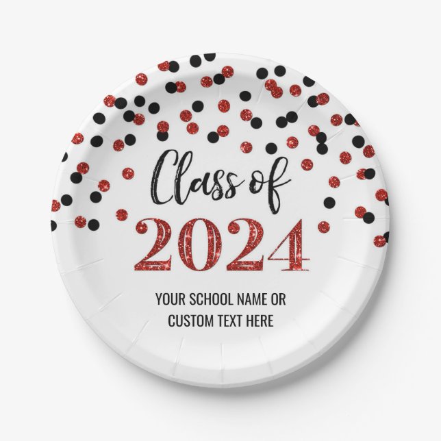 Assiettes En Carton Black Red Confetti Graduation 2024 (Devant)