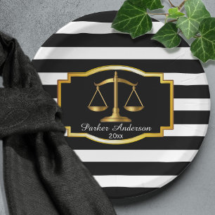 Assiettes En Carton Black Striped Gold Law Scales Graduation Party