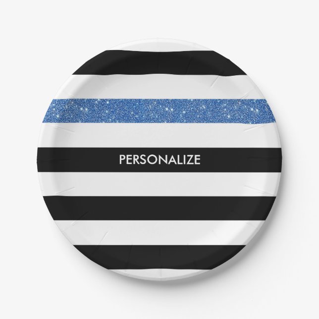 Assiettes En Carton Black Stripes FAUX Blue Glitz and Name (Devant)