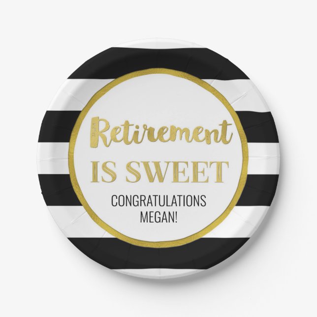 Assiettes En Carton Black Stripes Gold Confetti Retirement est doux (Devant)