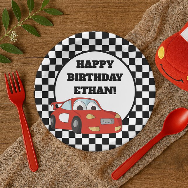 Assiettes En Carton Black White À damiers Red Race Car fête d'annivers (Red race car little boy's birthday party paper plate)