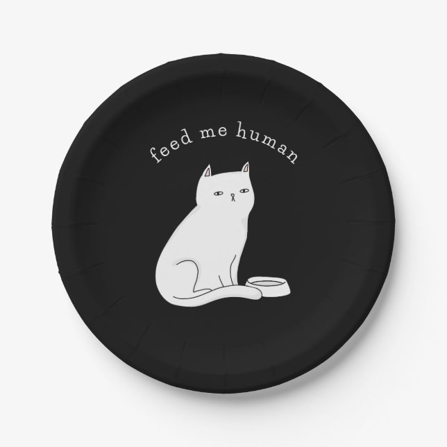 Assiettes En Carton Black white drôle chat "feed me human" (Devant)
