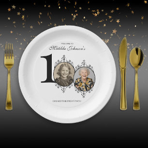 Assiettes En Carton Black White Elegant Photo 100th Birthday Party