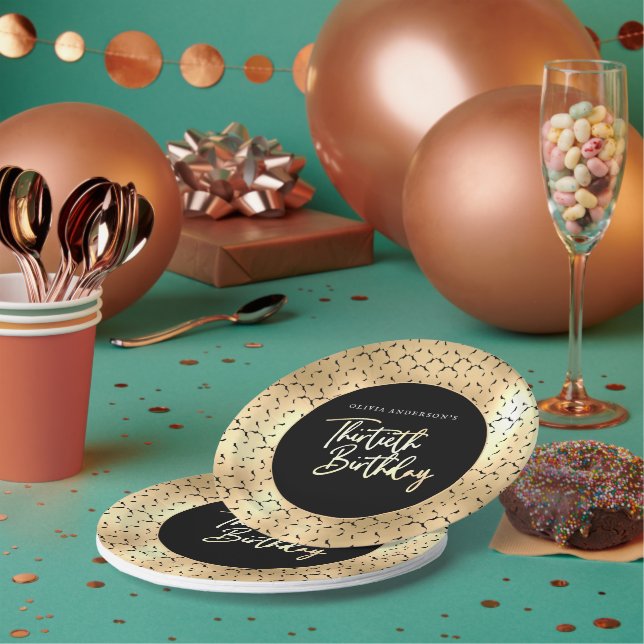 Assiettes En Carton Black White et Gold Script 30e fête d'anniversaire (Multi)