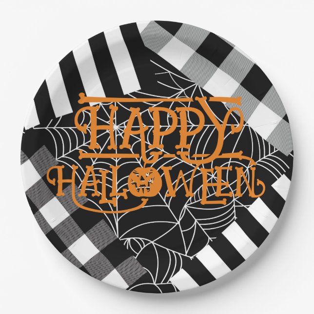 Assiettes En Carton Black & White Spiderweb Patchwork Halloween Party (Devant)