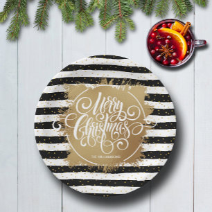 Assiettes En Carton Black White Stripes Gold Faux Foil Noël
