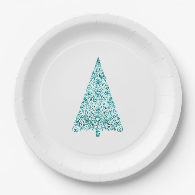Assiettes En Carton Blanc Aqua Bleu sapin de Noël (Devant)