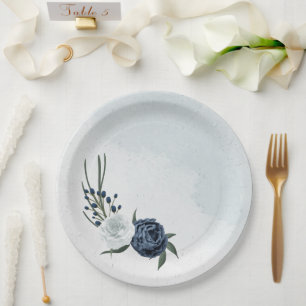 Assiettes En Carton blanc & bleu mariage fleuri