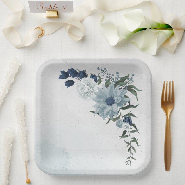 Assiettes En Carton blanc & bleu mariage fleuri (Mariage)